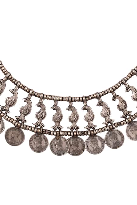 Sangeeta Boochra_Silver Plated Oxidized Coin Choker Necklace _Online_at_Aza_Fashions