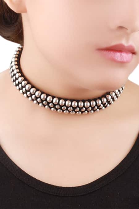 Shop_Sangeeta Boochra_Silver Plated Metal Choker Necklace _at_Aza_Fashions