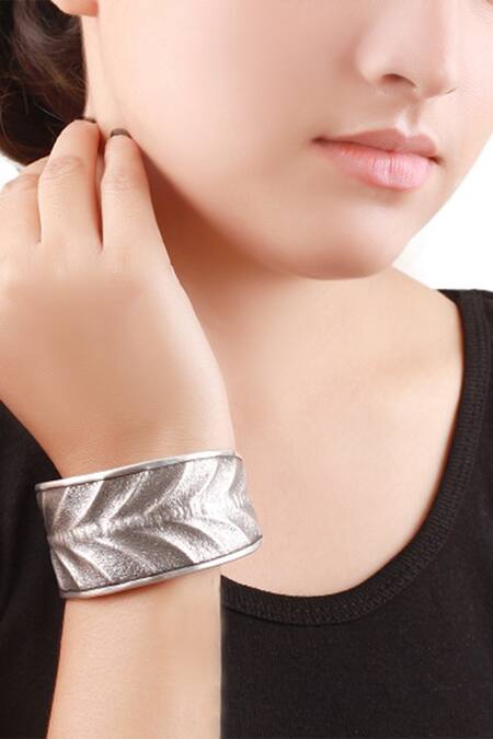 Shop_Sangeeta Boochra_Silver Plated Metal Embossed Cuff_at_Aza_Fashions
