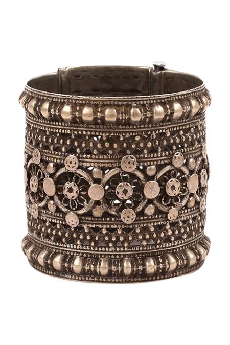 Shop_Sangeeta Boochra_Silver Plated Metal Baroque Carved Handcuff_Online_at_Aza_Fashions
