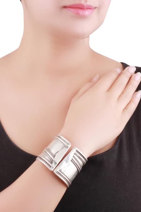 Shop_Sangeeta Boochra_Silver Plated Oxidized Carved Cuff _at_Aza_Fashions