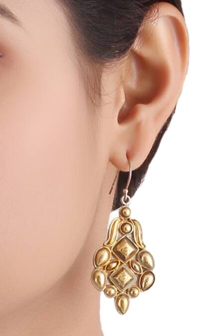 Shop_Sangeeta Boochra_Gold Plated Embroidery Embossed Silver Danglers _at_Aza_Fashions