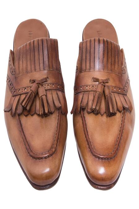Shop Toramally - Men Brown European Vegetable Tanned Leather Sole Broque Mule Shoes at Aza Fashions Shop_Toramally - Men_Brown European Vegetable Tanned Leather Sole Broque Mule Shoes_at_Aza_Fashions