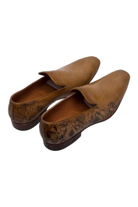 Shop_Toramally - Men_Beige European Vegetable Tanned Leather Sole Inked Loafer Shoes_Online_at_Aza_Fashions