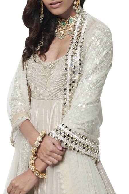 Shop_Abhinav Mishra_Silver Hand Embroidered Anarkali Set_at_Aza_Fashions