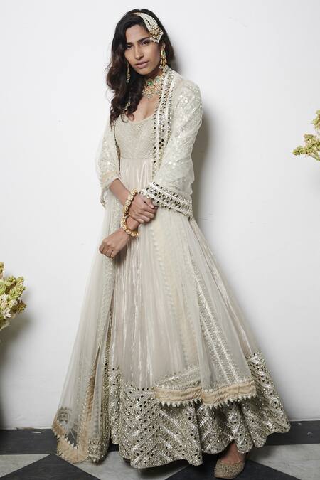 Abhinav Mishra_Silver Hand Embroidered Anarkali Set_Online_at_Aza_Fashions