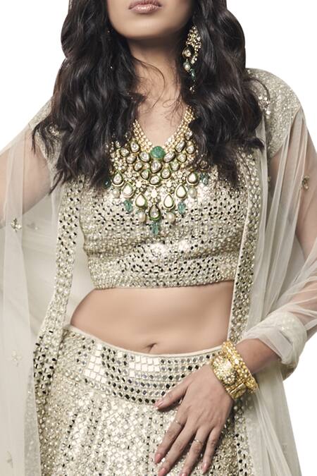 Shop_Abhinav Mishra_Silver Hand Embroidered Lehenga Set_at_Aza_Fashions