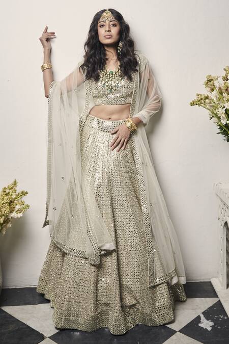 Abhinav Mishra_Silver Hand Embroidered Lehenga Set_Online_at_Aza_Fashions