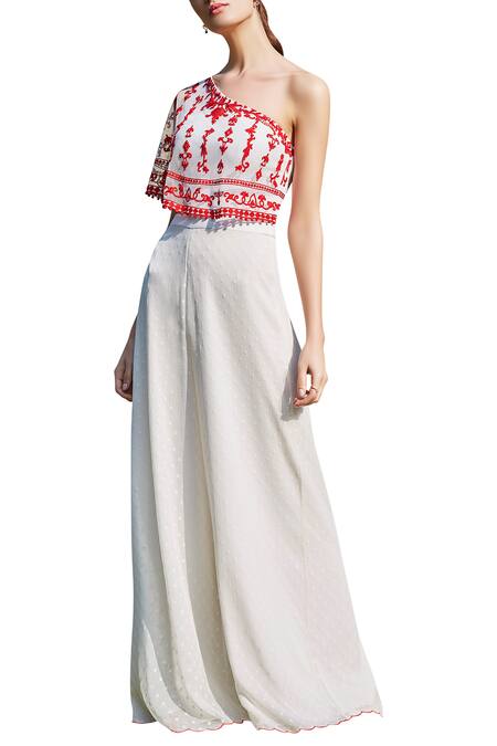 Shop_Mandira Wirk_White Embroidered Overlay Jumpsuit_Online_at_Aza_Fashions