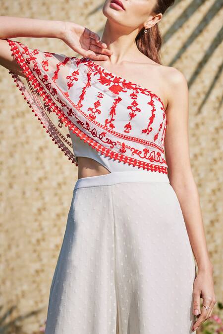 Mandira Wirk_White Embroidered Overlay Jumpsuit_at_Aza_Fashions