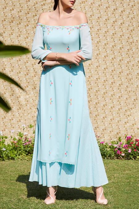 Mandira Wirk Blue Embroidered Kurta Palazzo Set