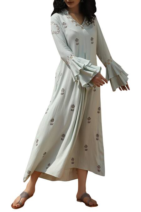 Bohame_Blue Cotton Silk Notch Neck Printed Long Tunic _Online_at_Aza_Fashions