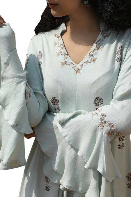 Shop_Bohame_Blue Cotton Silk Notch Neck Printed Long Tunic _Online_at_Aza_Fashions