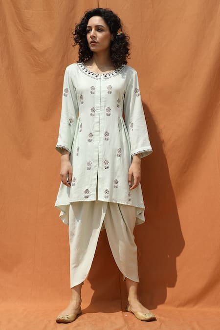 Bohame Green Cotton Silk Round Printed Kurta Dhoti Pant Set