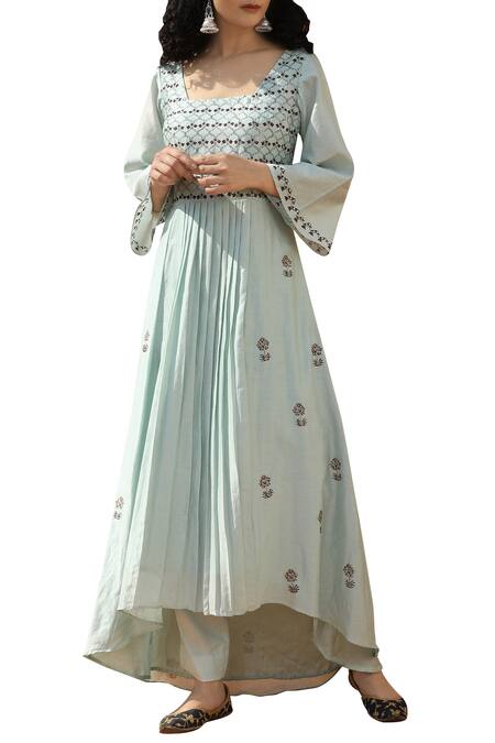 Bohame Blue Chanderi Silk Square Neckline Kurta Set Online at Aza Fashions Bohame_Blue Chanderi Silk Square Neckline Kurta Set_Online_at_Aza_Fashions