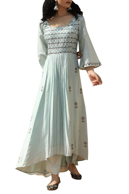 Shop_Bohame_Blue Chanderi Silk Square Neckline Kurta Set_at_Aza_Fashions