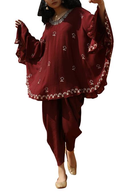 Buy_Bohame_Wine Cotton Silk Round Embellished Kaftan And Dhoti Pant Set_Online_at_Aza_Fashions