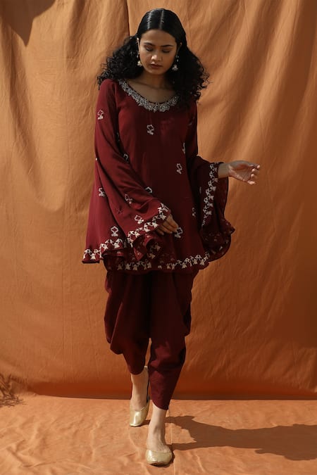 Bohame Wine Cotton Silk Round Embellished Kaftan And Dhoti Pant Set