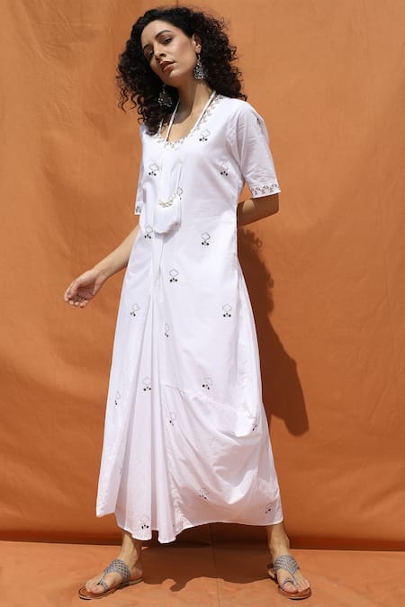 Bohame White Cotton Round Printed Dress 