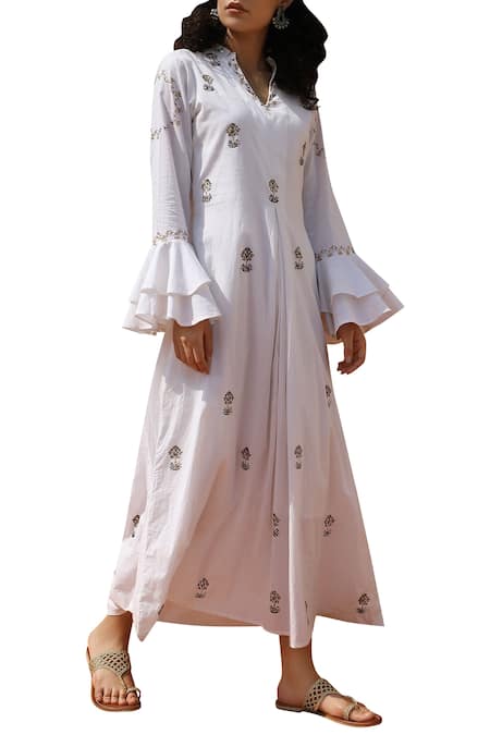 Bohame_White Cotton Band Collar Printed Dress _Online_at_Aza_Fashions
