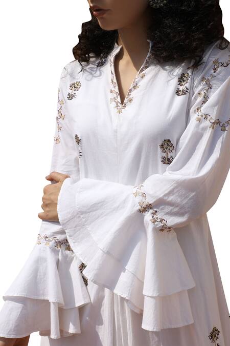 Buy_Bohame_White Cotton Band Collar Printed Dress _Online_at_Aza_Fashions