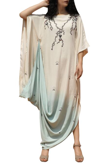 Buy_Bohame_Green Cotton Crepe Round Neck Embroidered Draped Dress _Online_at_Aza_Fashions