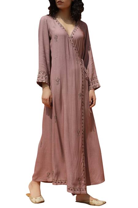 Bohame_Purple Cotton Crepe V-shaped Neckline Printed Overlap Dress _Online_at_Aza_Fashions