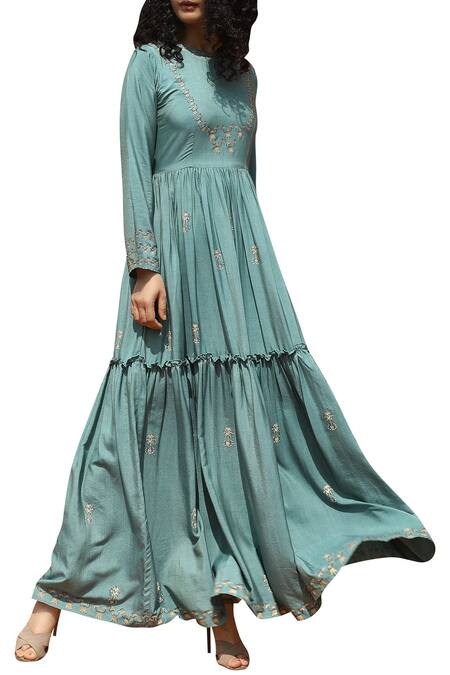Buy_Bohame_Green Cotton Silk Round Neck Printed Maxi Dress _Online_at_Aza_Fashions