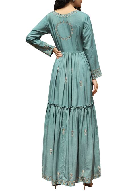 Shop_Bohame_Green Cotton Silk Round Neck Printed Maxi Dress _at_Aza_Fashions
