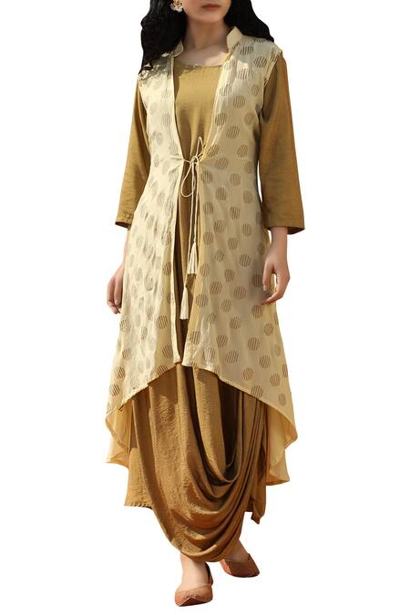 Buy_Bohame_Beige Cotton Silk Dress Round Necklinejacket Stand Collar Printed With Jacket _Online_at_Aza_Fashions