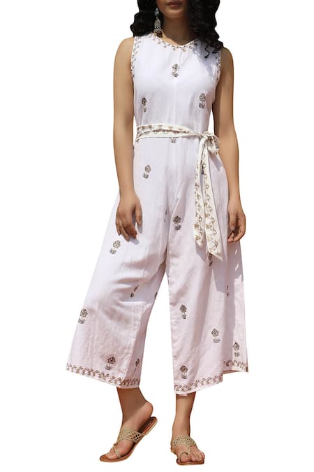 Buy_Bohame_White Cotton Round Printed Jumpsuit With Belt _Online_at_Aza_Fashions