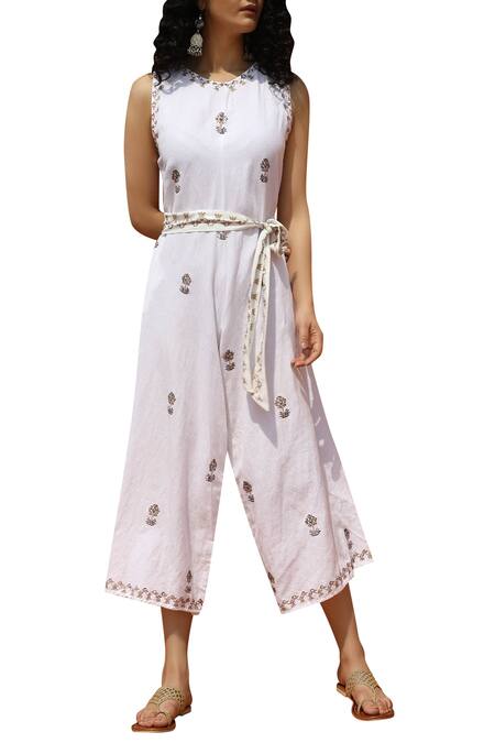 Bohame_White Cotton Round Printed Jumpsuit With Belt _Online_at_Aza_Fashions