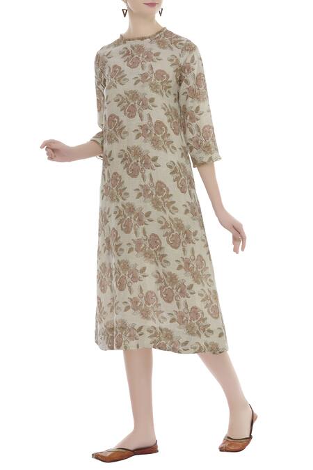 Anavila Beige Linen Round Block Print Midi Dress 