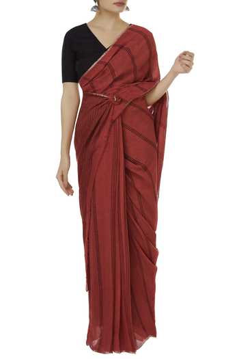 Buy_Anavila_Red Linen Striped Saree _Online_at_Aza_Fashions