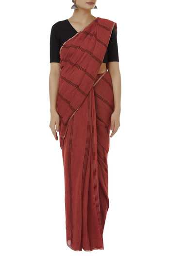 Anavila_Red Linen Striped Saree _Online_at_Aza_Fashions