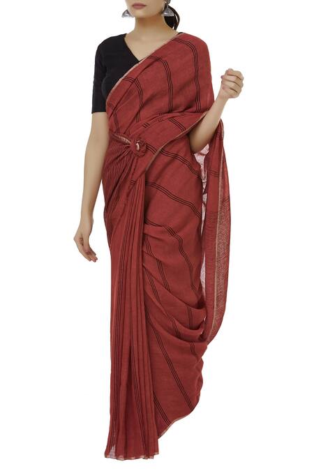 Black Linen Saree with Red and Silver Zari Checks – Thearyavart