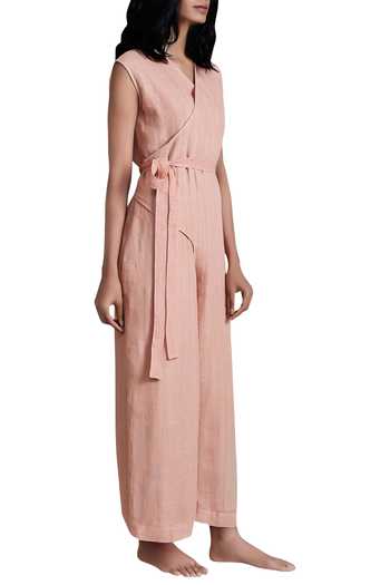 MATI_Peach Linen Cotton Overlap Jumpsuit_Online_at_Aza_Fashions