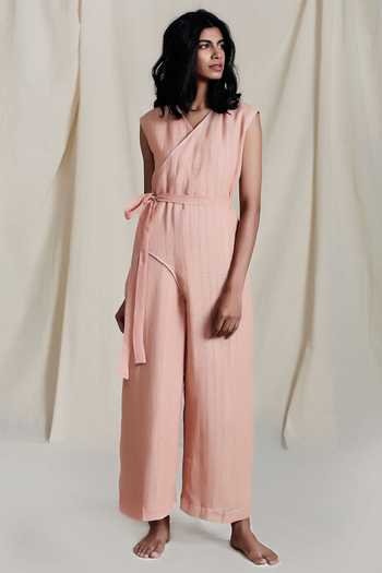 Buy_MATI_Peach Linen Cotton Overlap Jumpsuit_Online_at_Aza_Fashions