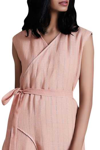 Shop_MATI_Peach Linen Cotton Overlap Jumpsuit_Online_at_Aza_Fashions
