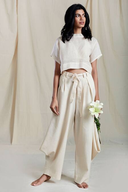 Buy_MATI_Beige Linen Crop Top_Online_at_Aza_Fashions