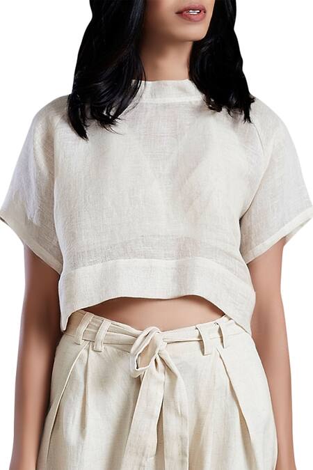 Shop_MATI_Beige Linen Crop Top_Online_at_Aza_Fashions