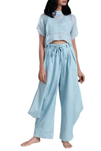 Buy MATI Blue Linen Crop Top at Aza Fashions Buy_MATI_Blue Linen Crop Top_at_Aza_Fashions