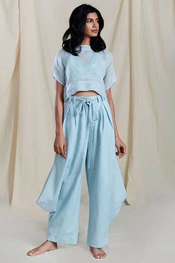 Buy MATI Blue Linen Crop Top Online at Aza Fashions Buy_MATI_Blue Linen Crop Top_Online_at_Aza_Fashions