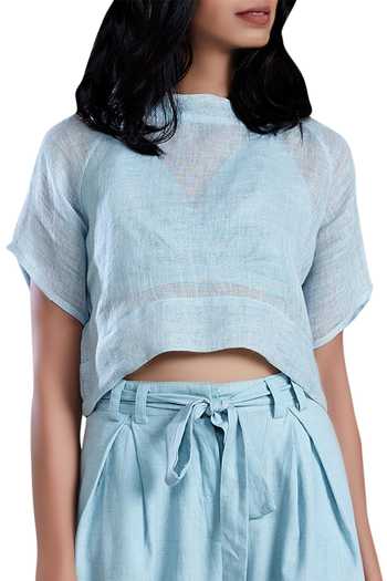 Shop MATI Blue Linen Crop Top Online at Aza Fashions Shop_MATI_Blue Linen Crop Top_Online_at_Aza_Fashions
