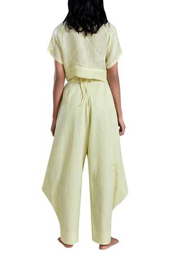 Shop MATI Yellow Handloom Cotton Draped Pants at Aza Fashions Shop_MATI_Yellow Handloom Cotton Draped Pants_at_Aza_Fashions