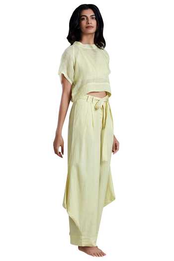 Buy MATI Yellow Handloom Cotton Draped Pants Online at Aza Fashions Buy_MATI_Yellow Handloom Cotton Draped Pants_Online_at_Aza_Fashions