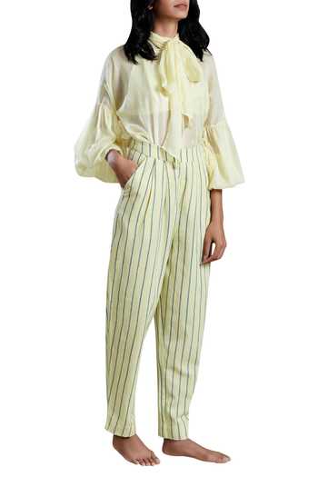 MATI_Yellow Cotton Mul Bishop Sleeves Shirt_Online_at_Aza_Fashions