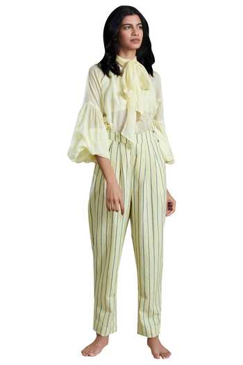 Buy_MATI_Yellow Cotton Mul Bishop Sleeves Shirt_Online_at_Aza_Fashions