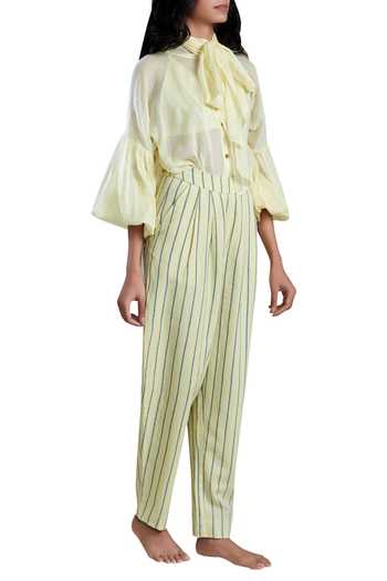 Shop_MATI_Yellow Cotton Mul Bishop Sleeves Shirt_Online_at_Aza_Fashions