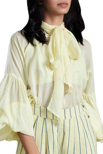 MATI_Yellow Cotton Mul Bishop Sleeves Shirt_at_Aza_Fashions